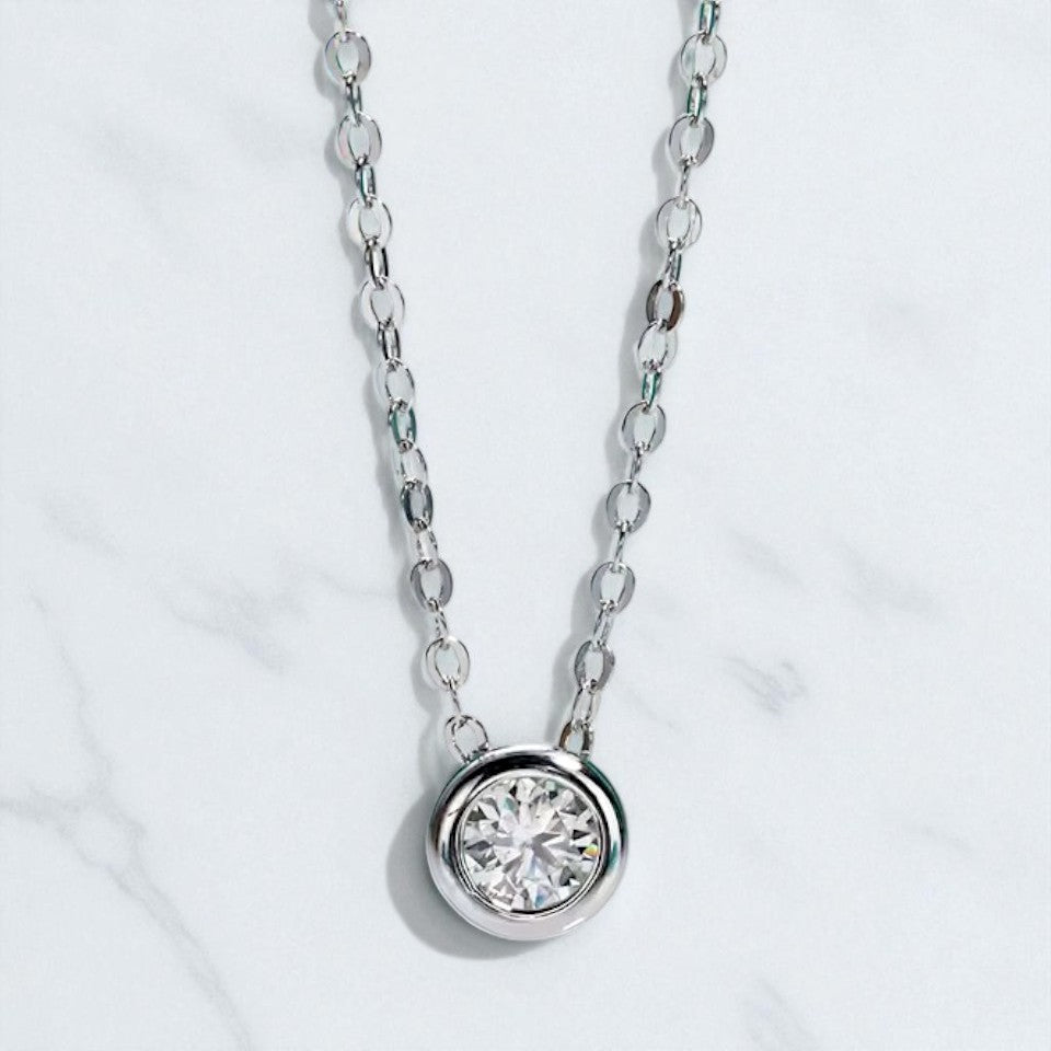 Aura Dainty Bezel Pendant with Chain - Moissanite (Rhodium Plated)