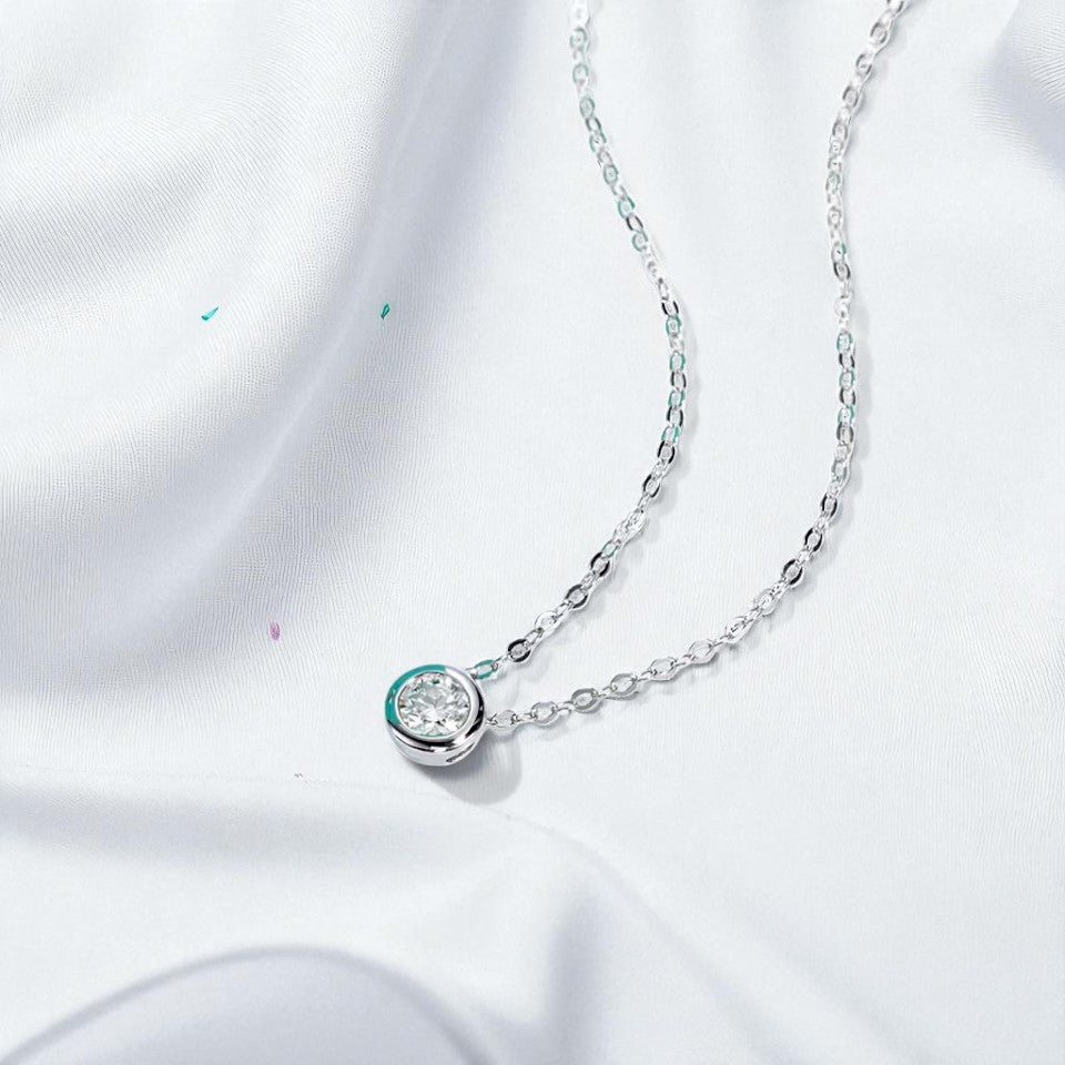 Aura Dainty Bezel Pendant with Chain - Moissanite (Rhodium Plated)