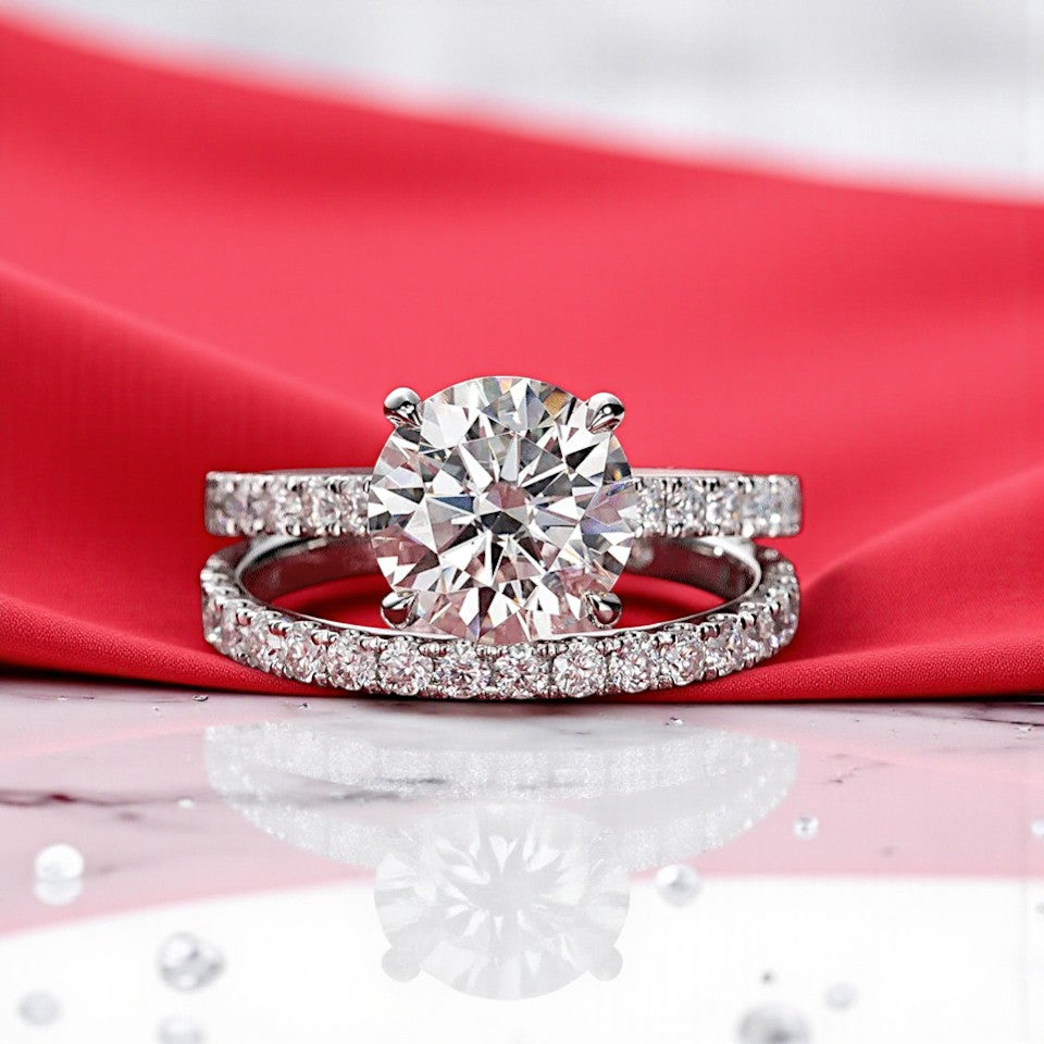 Luxury 3 Carat Ring Set 14K White Gold Round-Cut with Pave Band - Moissanite