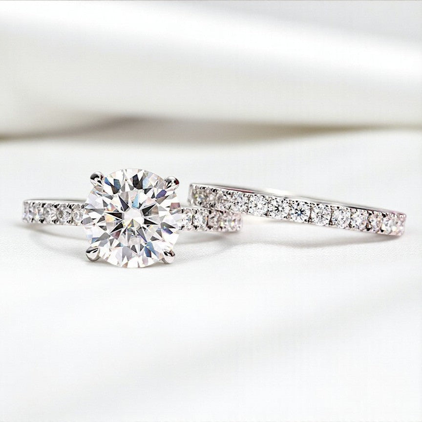 Luxury 3 Carat Ring Set 14K White Gold Round-Cut with Pave Band - Moissanite