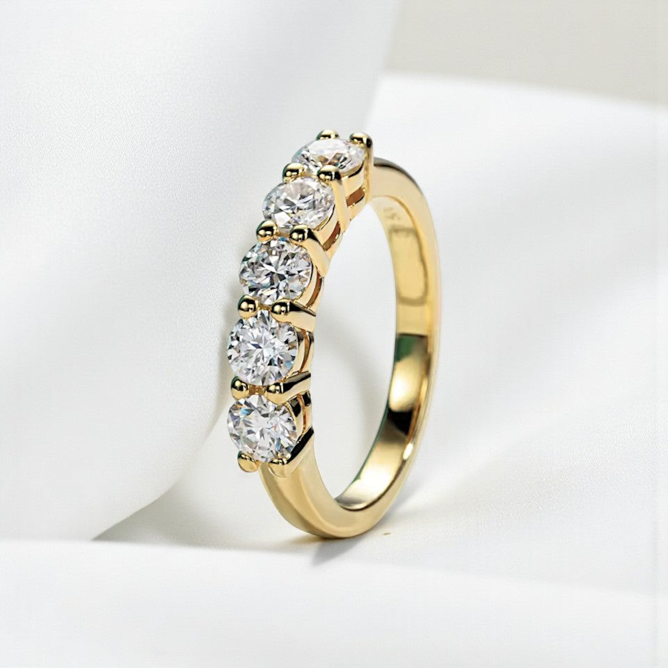 Luxury 5-Stone Ring/Band 4MM - Moissanite (Protective Rhodium Plated) Aura Diamonds