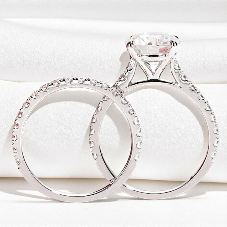 Luxury 3 Carat Ring Set 14K White Gold Round-Cut with Pave Band - Moissanite