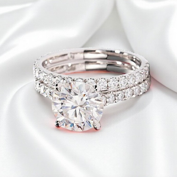 Luxury 3 Carat Ring Set 14K White Gold Round-Cut with Pave Band - Moissanite