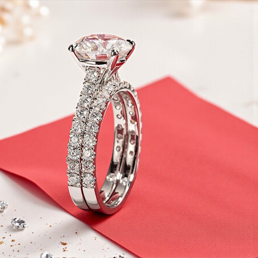Luxury 3 Carat Ring Set 14K White Gold Round-Cut with Pave Band - Moissanite