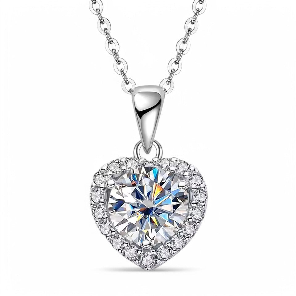 Elegant Heart Pendant with Chain - 1CT Moissanite (Rhodium Plated)