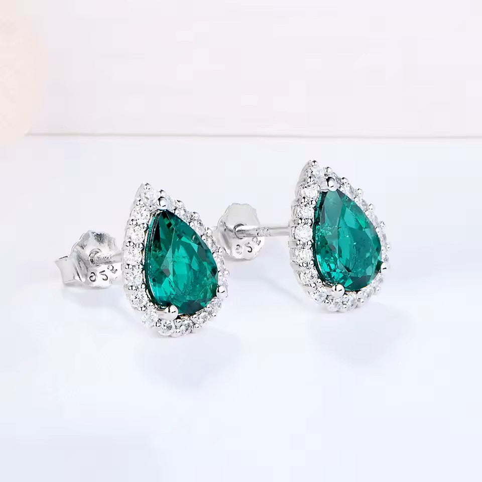 Elegant Natasha Pear-Cut Halo Emerald Stud Earrings | 2 x 1CT Each | Dark Green