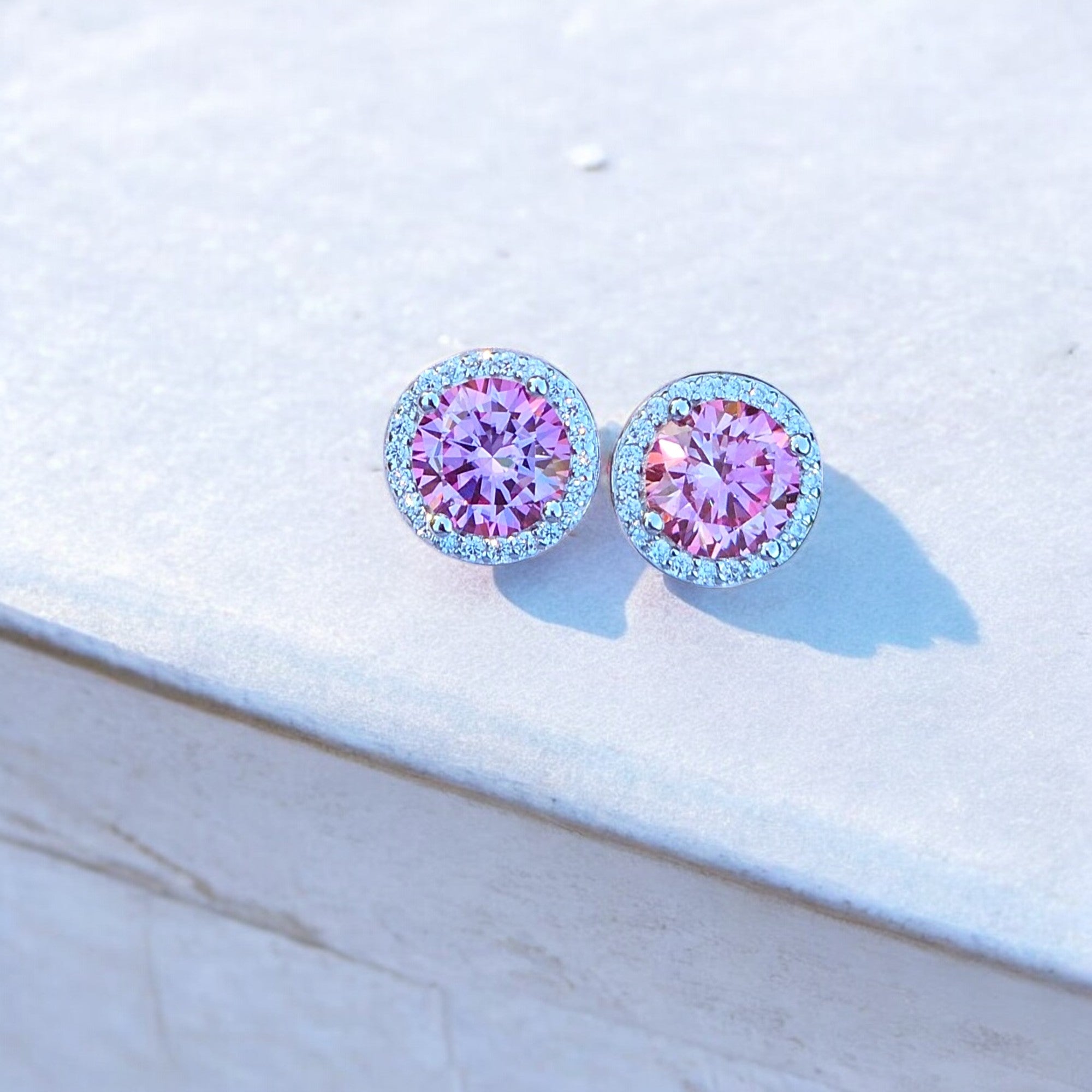 Elegant Ella Halo Stud Earrings - 2 Carat Moissanite (Pink) - 2 x 1CT Each Aura Diamonds