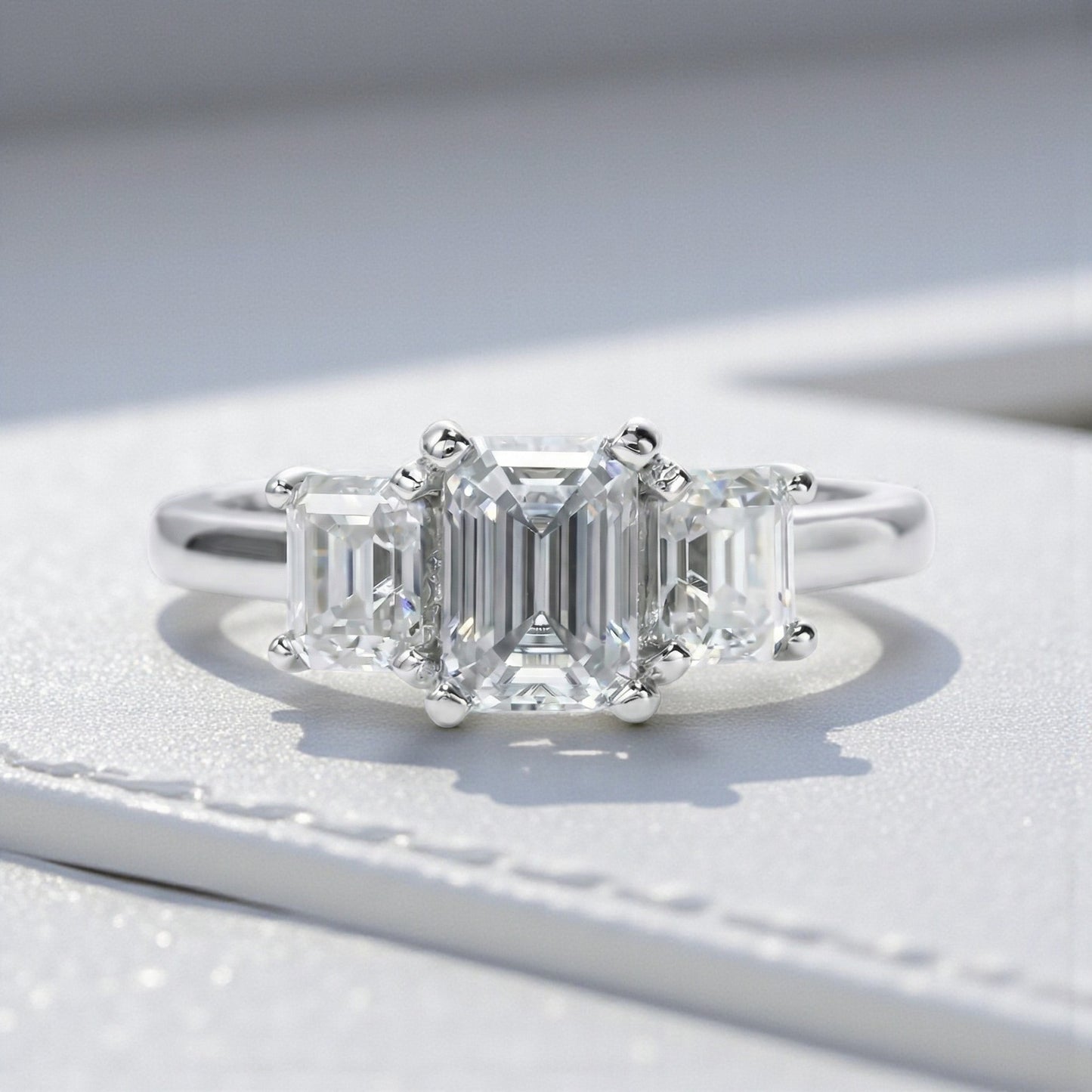 Elegant Trilogy: 1.6 Carat Weight Emerald Moissanite Engagement Ring