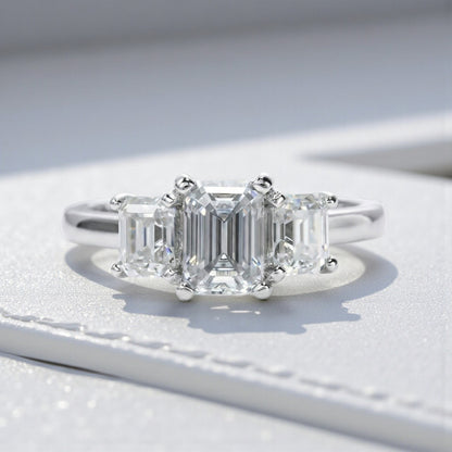 Elegant Trilogy: 1.6 Carat Weight Emerald Moissanite Engagement Ring