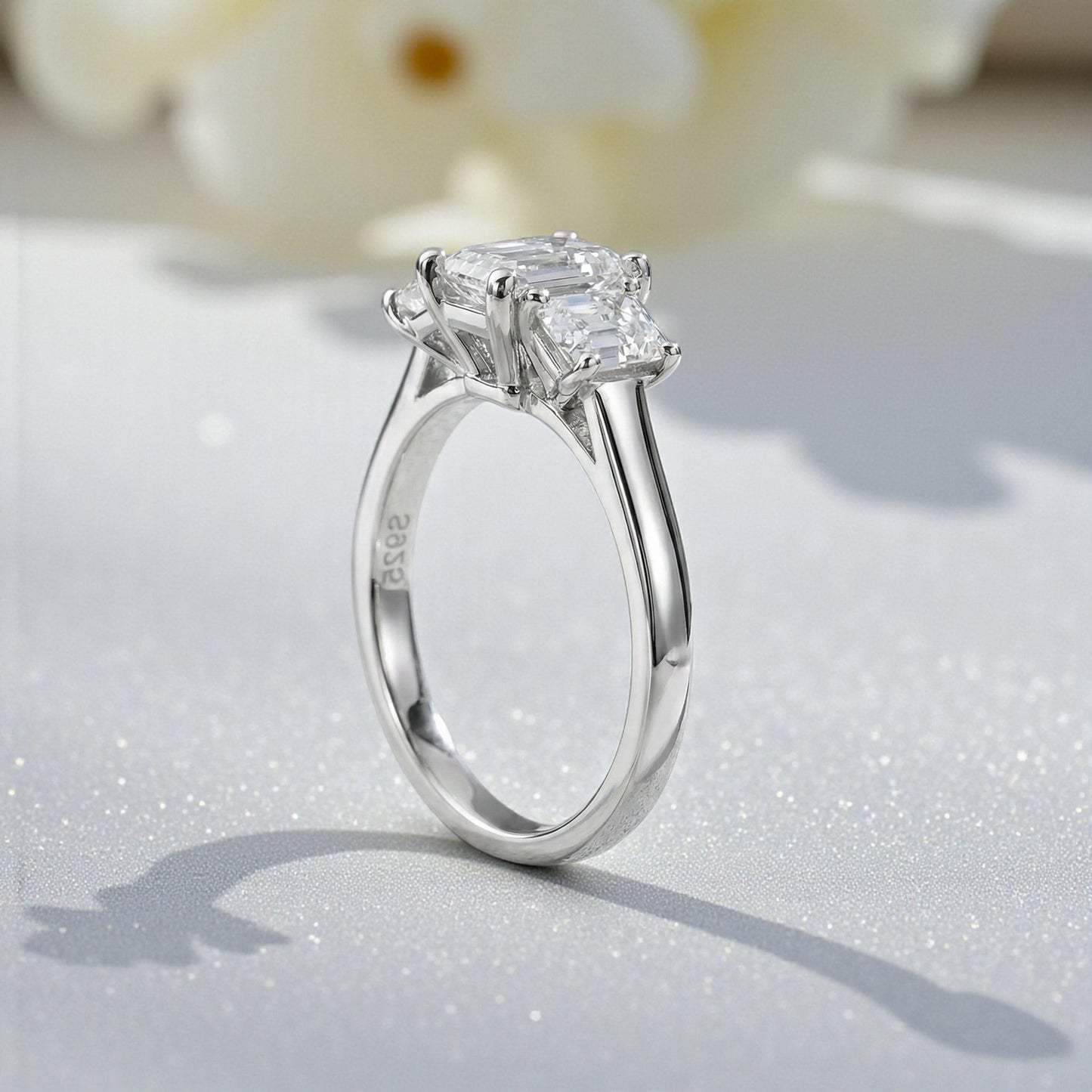 Elegant Trilogy: 1.6 Carat Weight Emerald Moissanite Engagement Ring