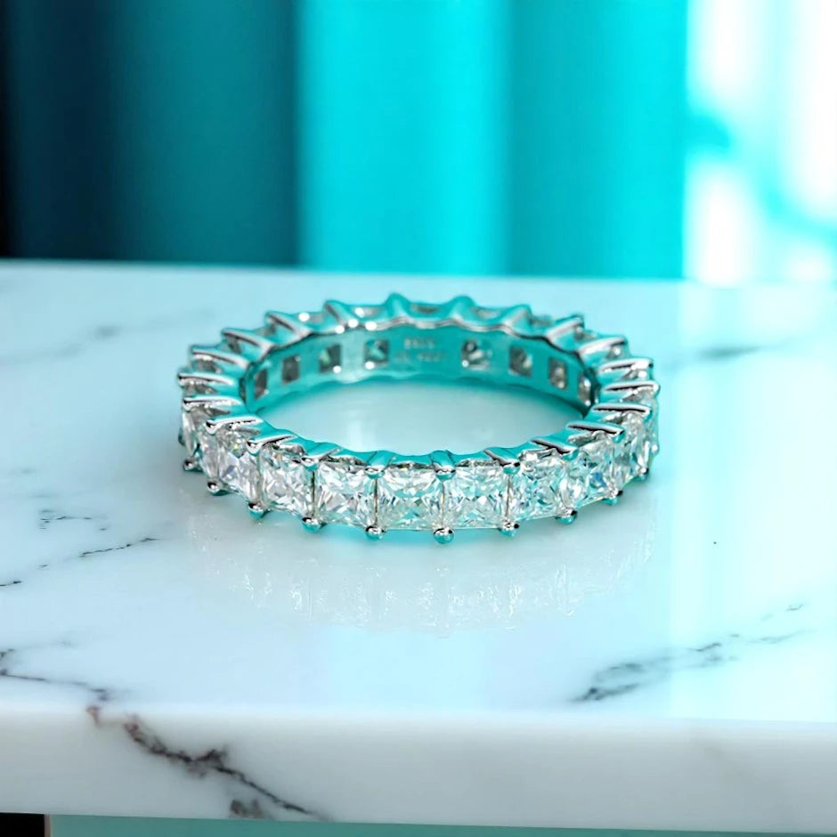 Luxury Princess Cut Eternity Band- White Gold - Moissanite/Lab Diamond (Rhodium Plated) Aura Diamonds