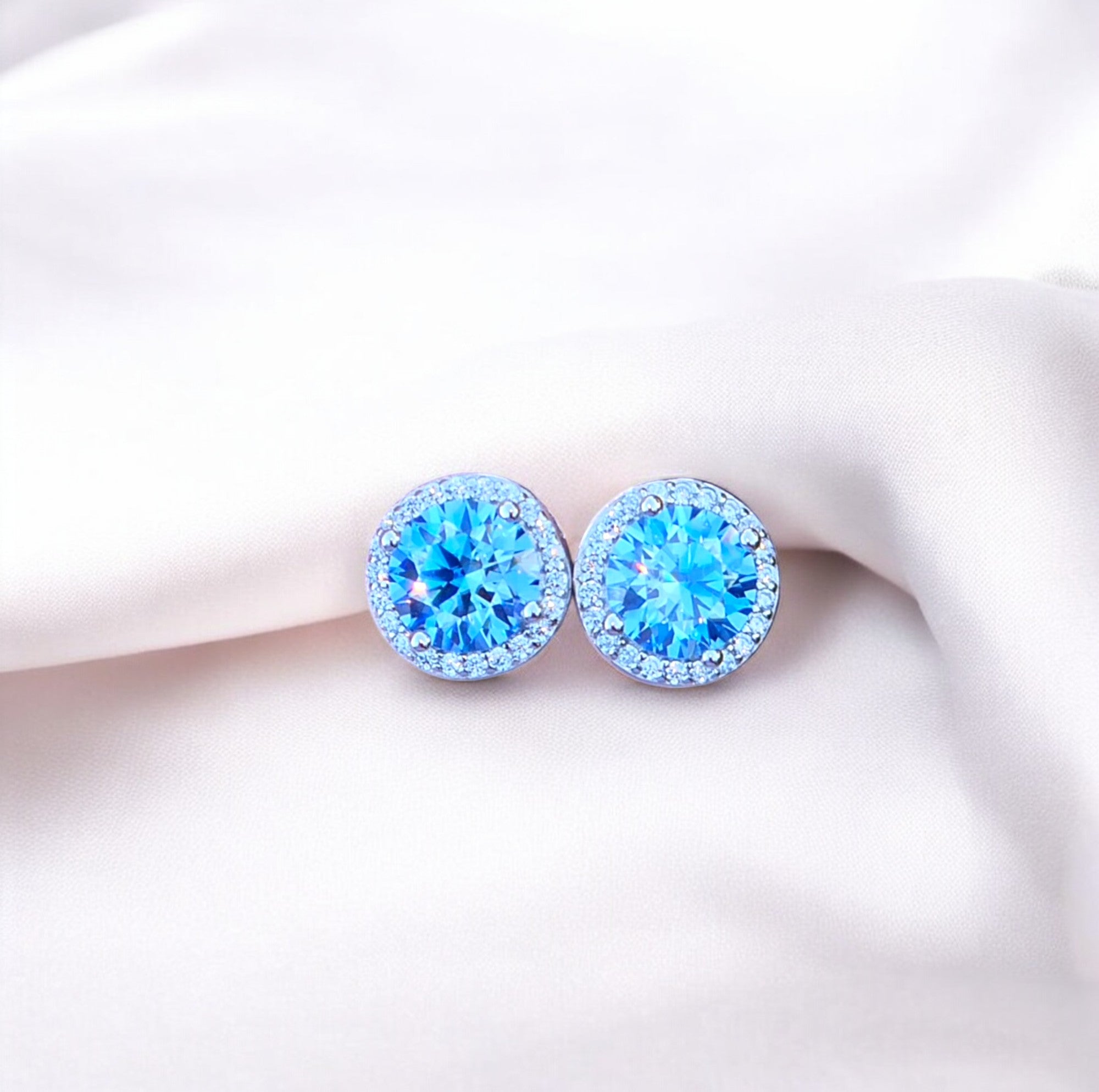 Elegant Tina Halo Stud Earrings - 1CT Moissanite (Blue) - 2 x 1CT Each Aura Diamonds