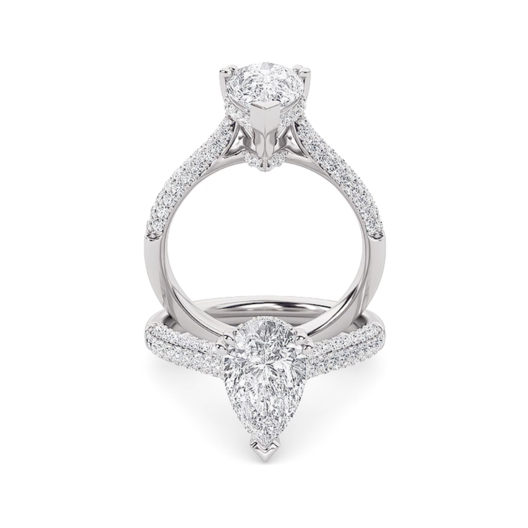 70+ Diamonds - Pear Cut 3 Carat - Hidden Halo Ring with Pave Band - Lab Diamond - IGI Certified Aura Diamonds