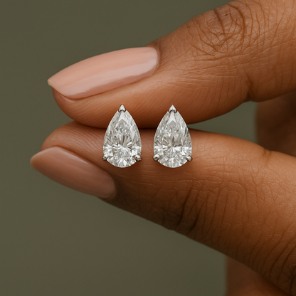 10K White Gold Teardrop Stud Earrings with Sterling Silver Setting (Rhodium Plated)| Sparkling Pear Cut Moissanite