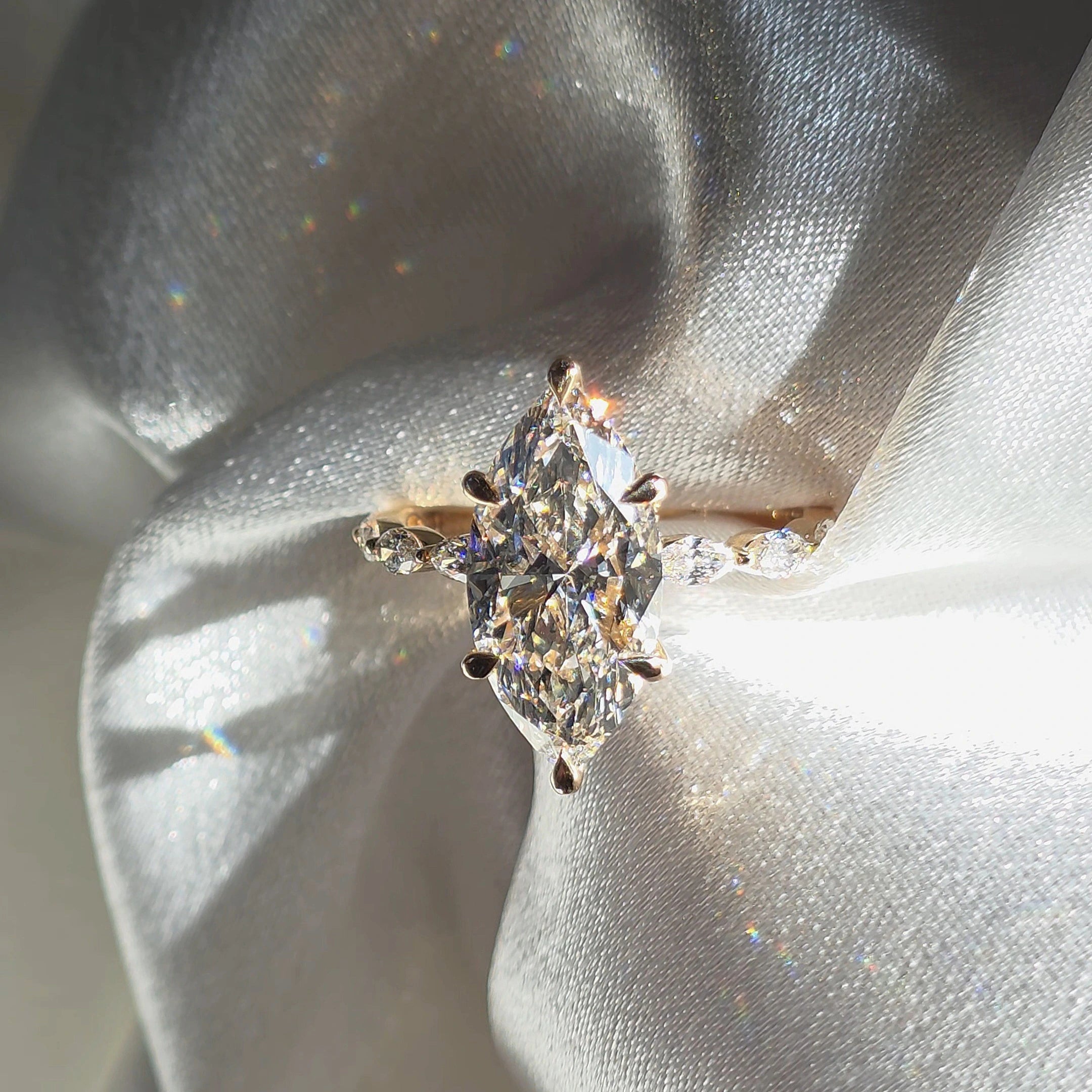Tiara Marquise Ring | 2ct & 4ct Lab Diamond | Shared Prong Band | Solid Gold Aura Diamonds