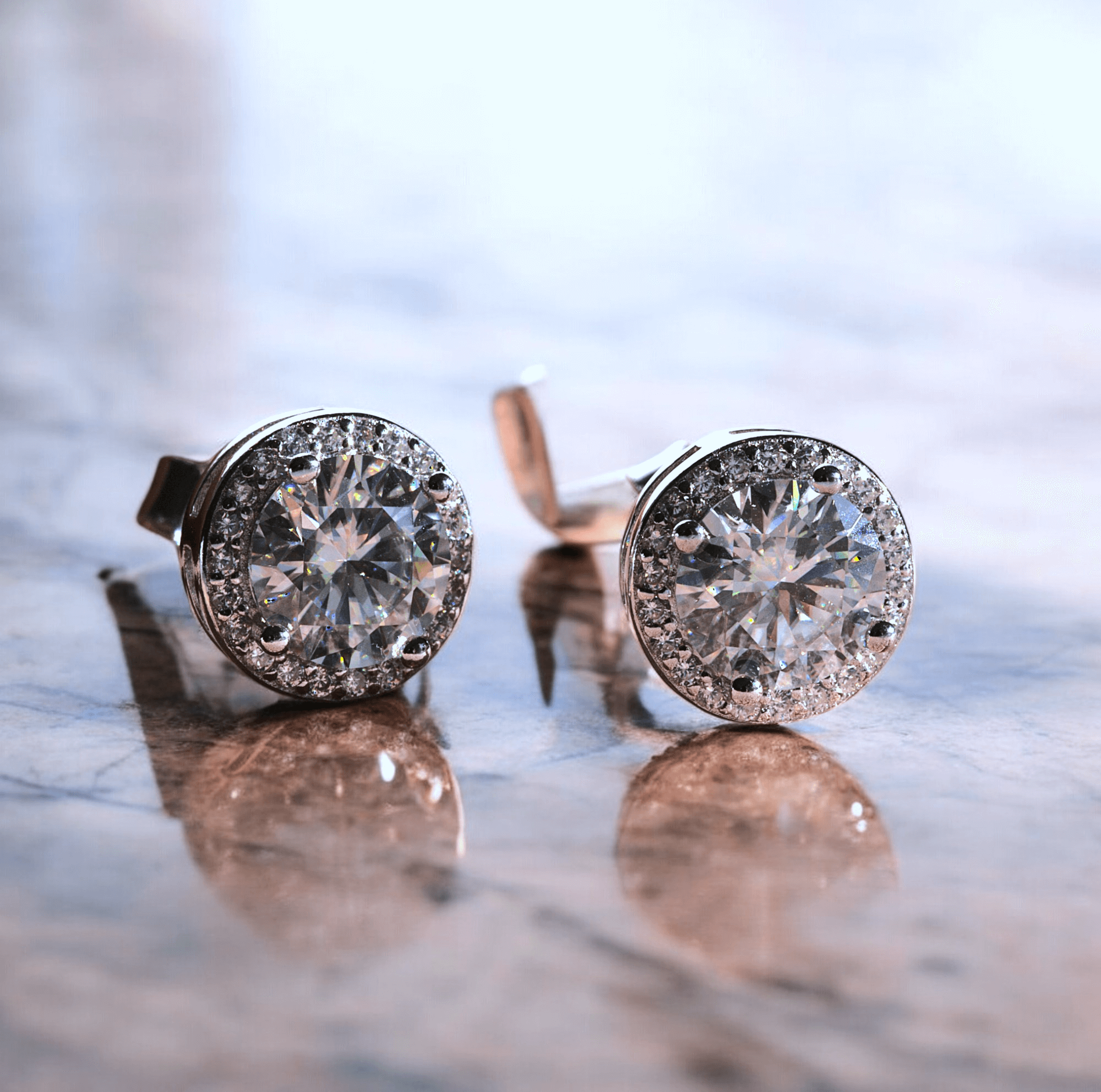 Elegant Jordyn Halo Stud Earrings - 2 Carat Moissanite (2 x 1CT Each) Aura Diamonds