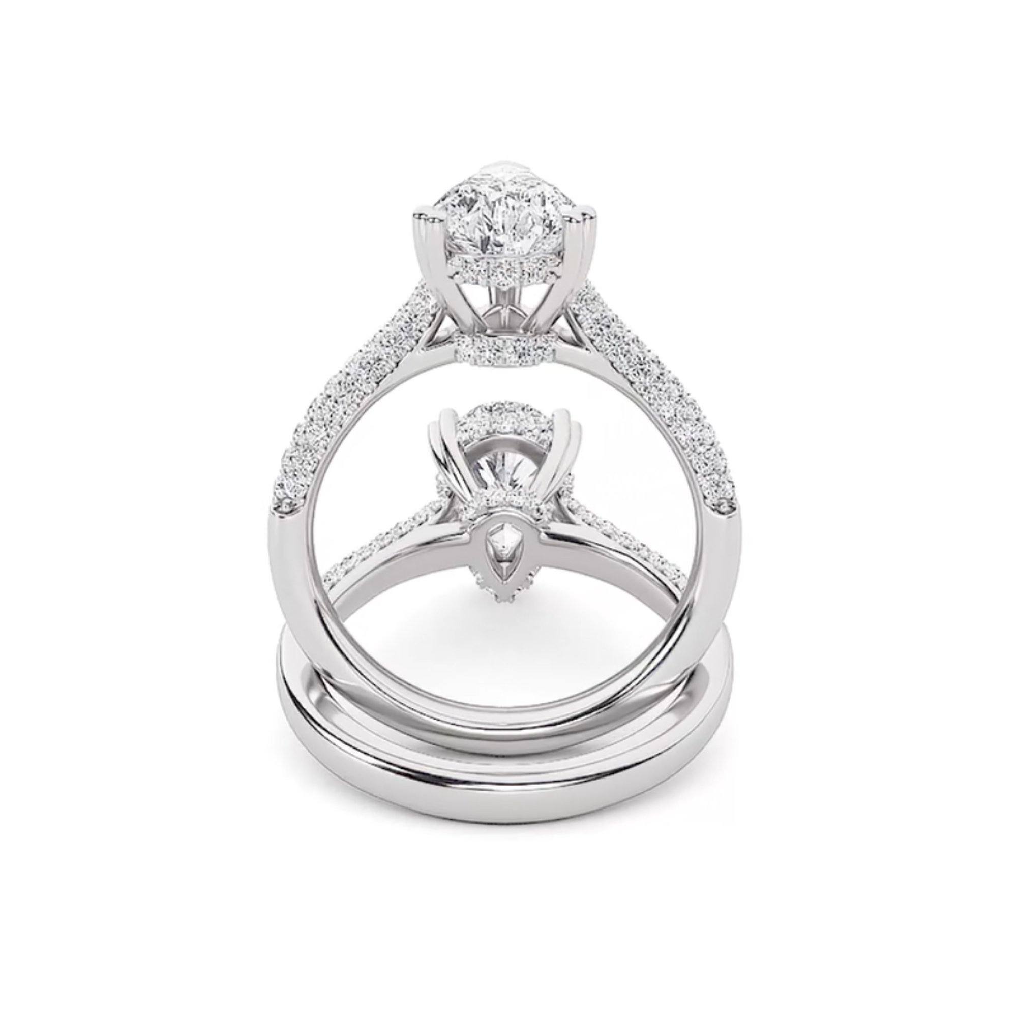70+ Diamonds - Pear Cut 3 Carat - Hidden Halo Ring with Pave Band - Lab Diamond - IGI Certified Aura Diamonds