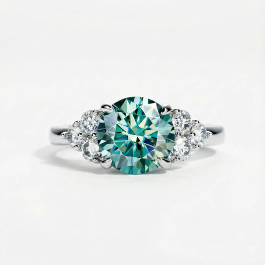 Round Cut 3 Carat Green Moissanite Ring