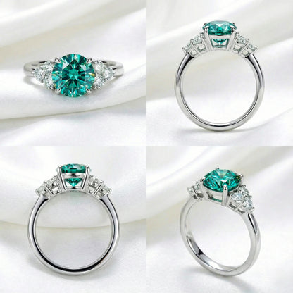 Round Cut 3 Carat Green Moissanite Ring
