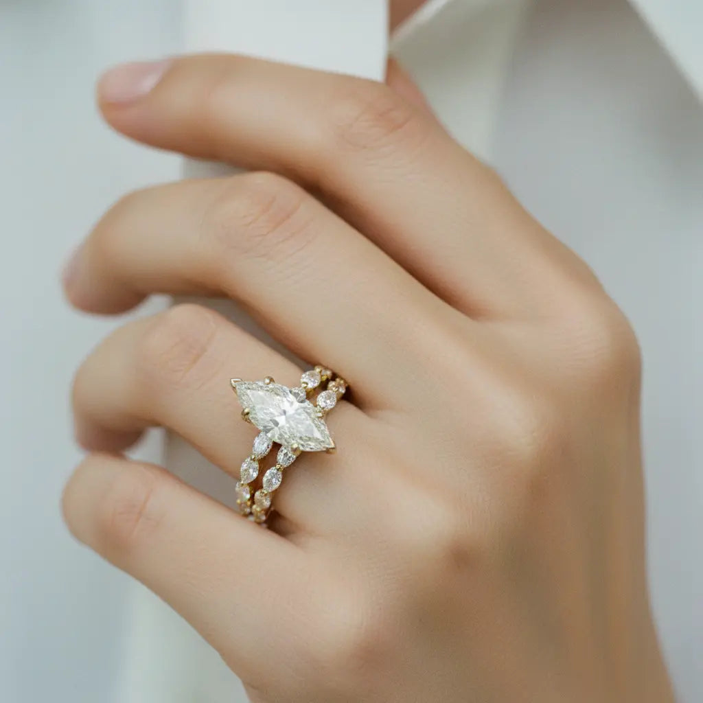 Tiara Marquise Ring | 2ct & 4ct Lab Diamond | Shared Prong Band | Solid Gold Aura Diamonds