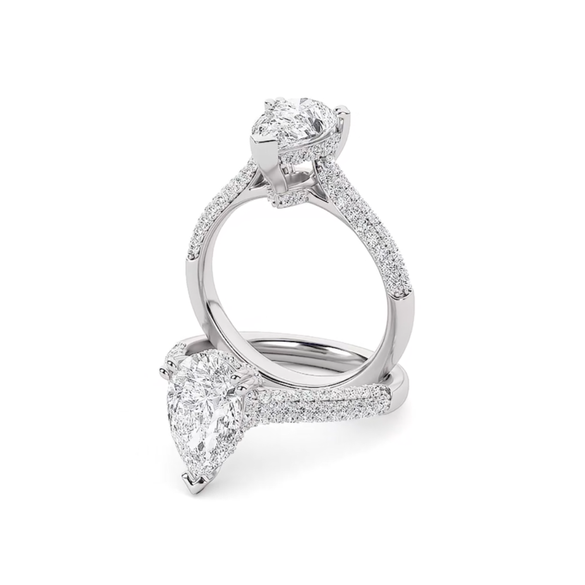 70+ Diamonds - Pear Cut 3 Carat - Hidden Halo Ring with Pave Band - Lab Diamond - IGI Certified Aura Diamonds