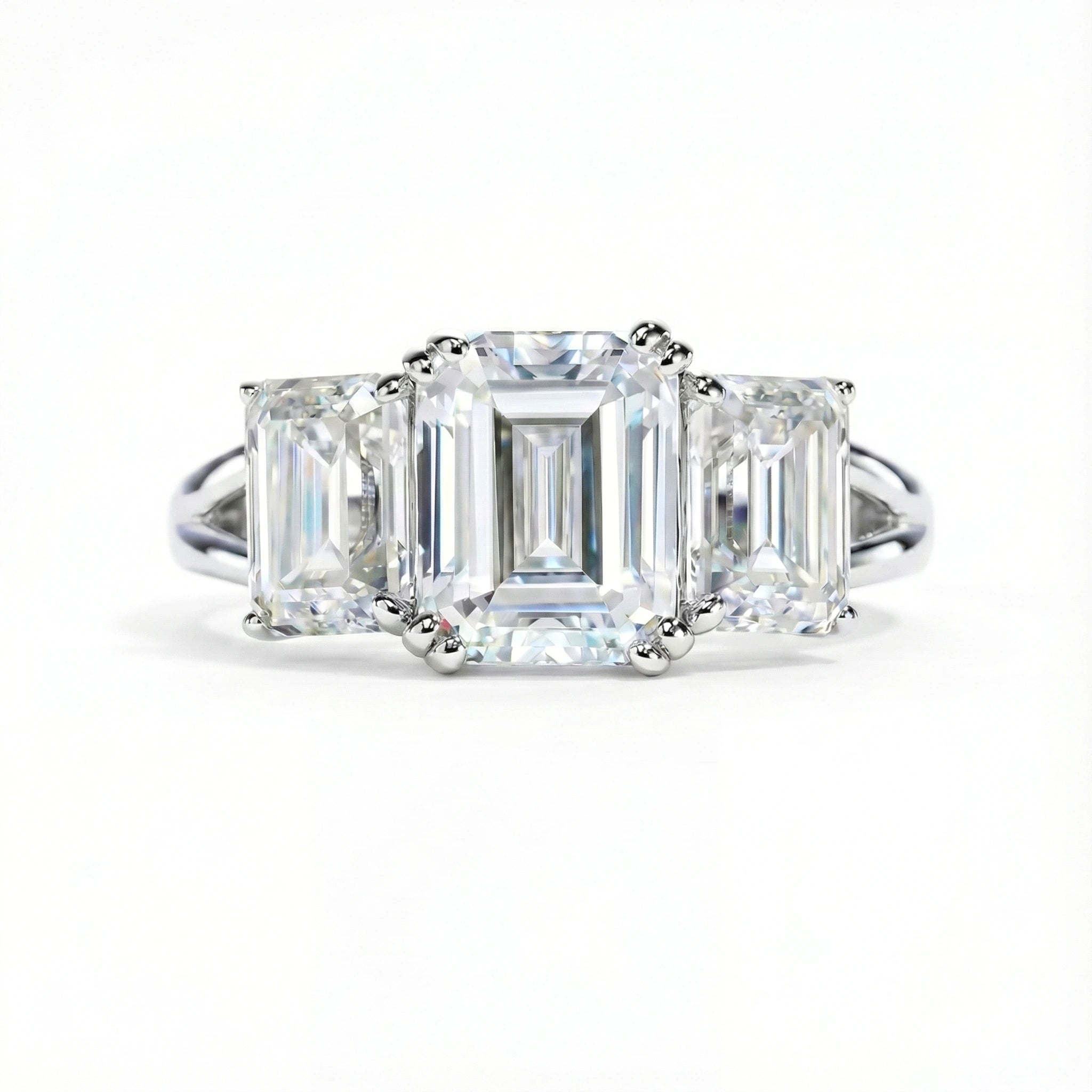 Emerald Cut 5 Carat Weight Moissanite Three-Stone Engagement Ring Aura Diamonds