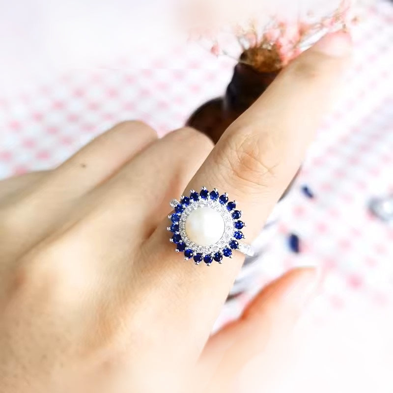 Nora Grace Pearl Halo Ring with Sapphires Nora Grace