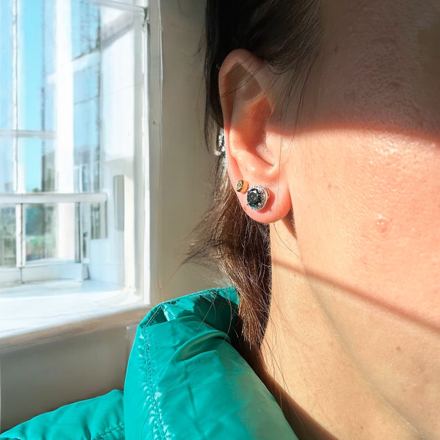 Elegant Natalie Halo Stud Earrings - 2 Carat Moissanite (Dark Green) - 2 x 1CT Each Aura Diamonds