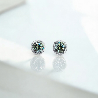 Elegant Natalie Halo Stud Earrings - 2 Carat Moissanite (Dark Green) - 2 x 1CT Each