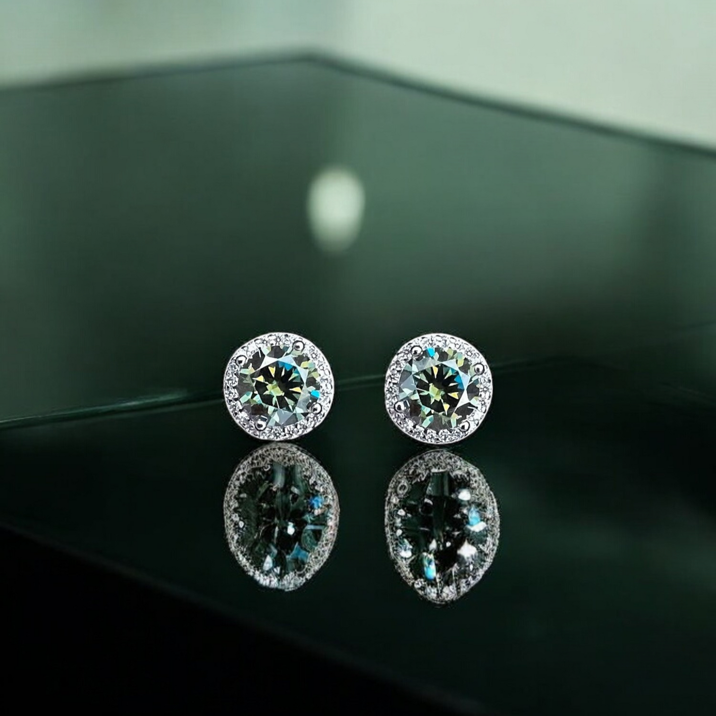 Elegant Natalie Halo Stud Earrings - 2 Carat Moissanite (Dark Green) - 2 x 1CT Each