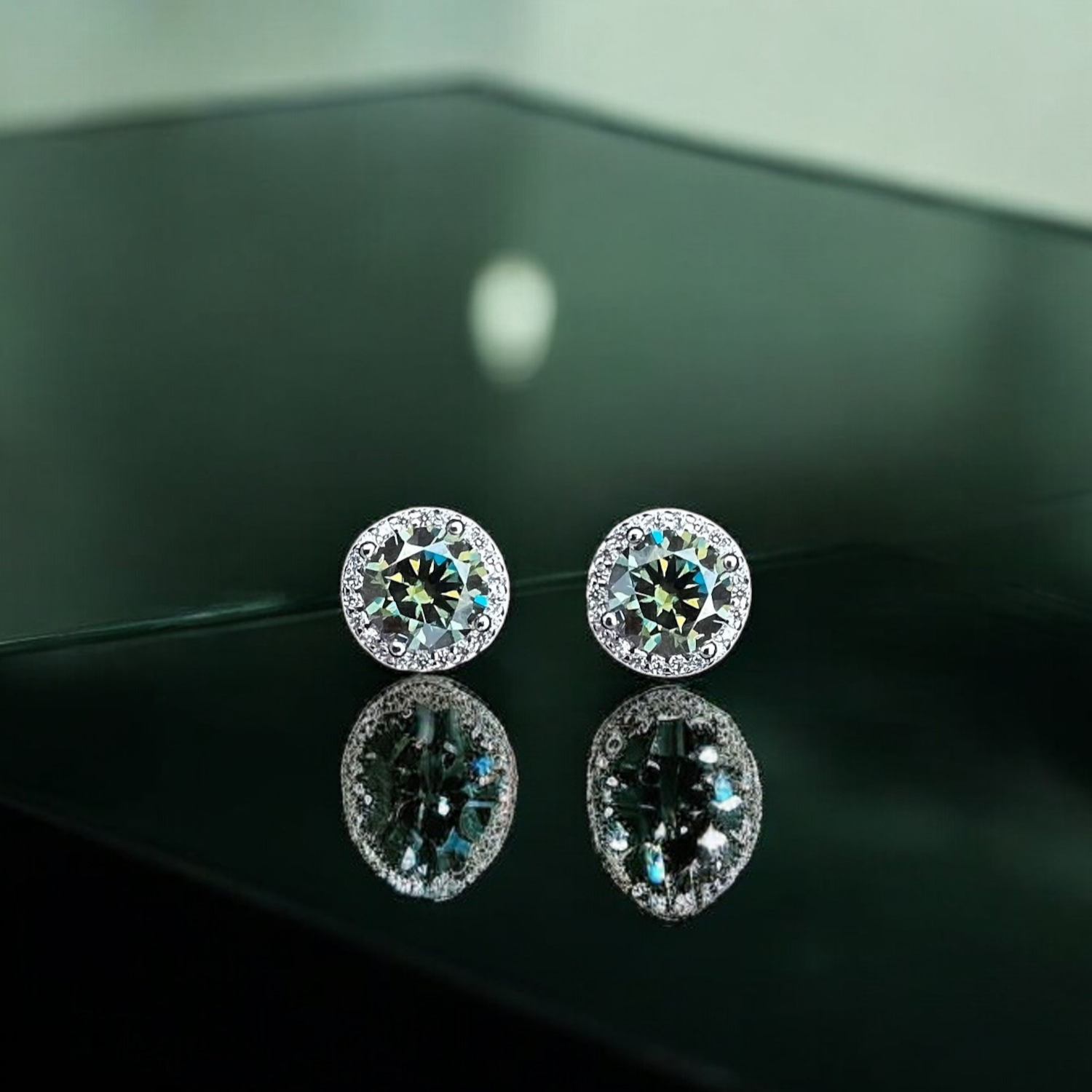 Elegant Natalie Halo Stud Earrings - 2 Carat Moissanite (Dark Green) - 2 x 1CT Each Aura Diamonds