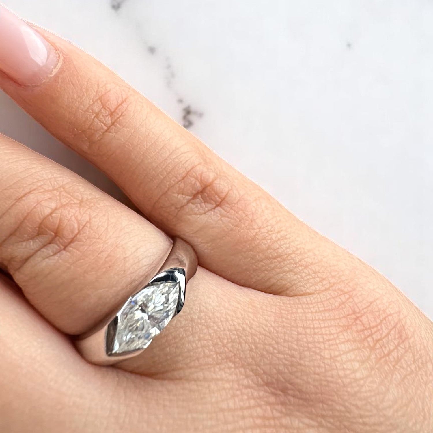 Marquise Cut Modern Moissanite Ring [Rhodium Plated] - Unisex | Luxury Collection Aura Diamonds