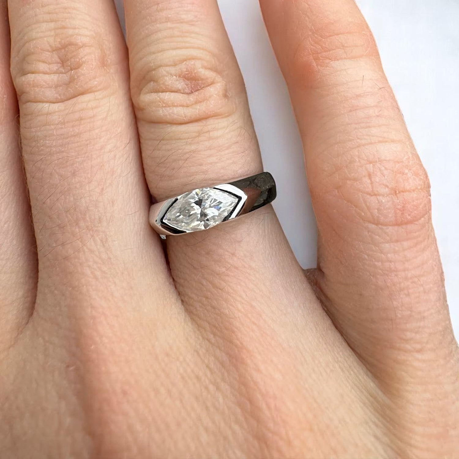 Marquise Cut Modern Moissanite Ring [Rhodium Plated] - Unisex | Luxury Collection Aura Diamonds