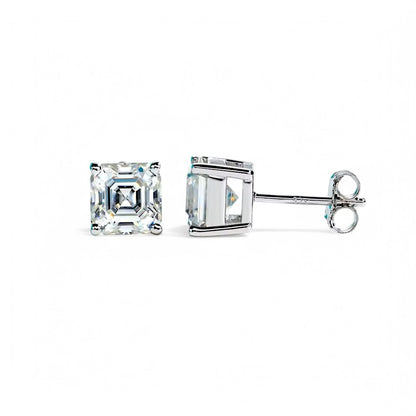 10K White Gold Asscher Cut Stud Earrings with Sterling Silver Setting (Rhodium Plated)| Sparkling Moissanite
