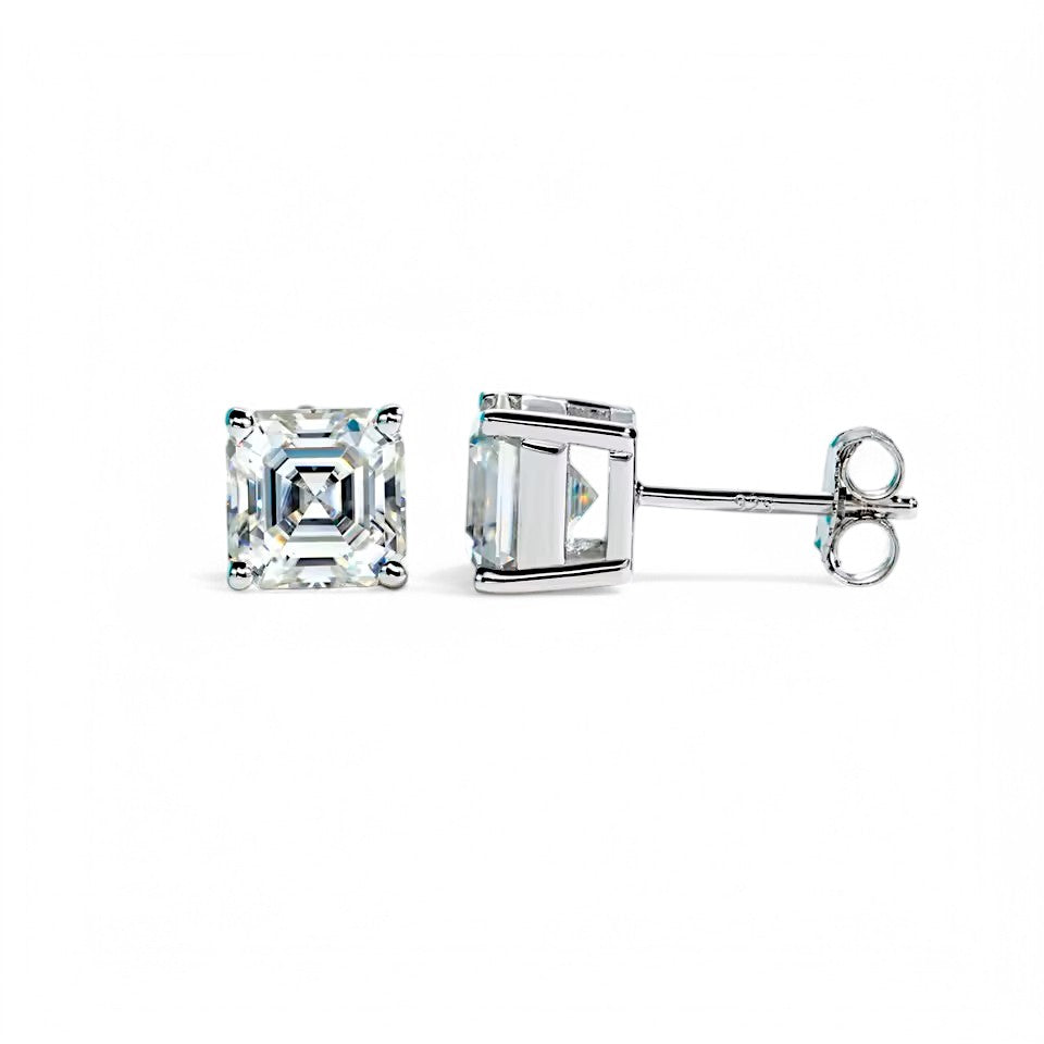 10K White Gold Asscher Cut Stud Earrings with Sterling Silver Setting (Rhodium Plated)| Sparkling Moissanite Aura Diamonds