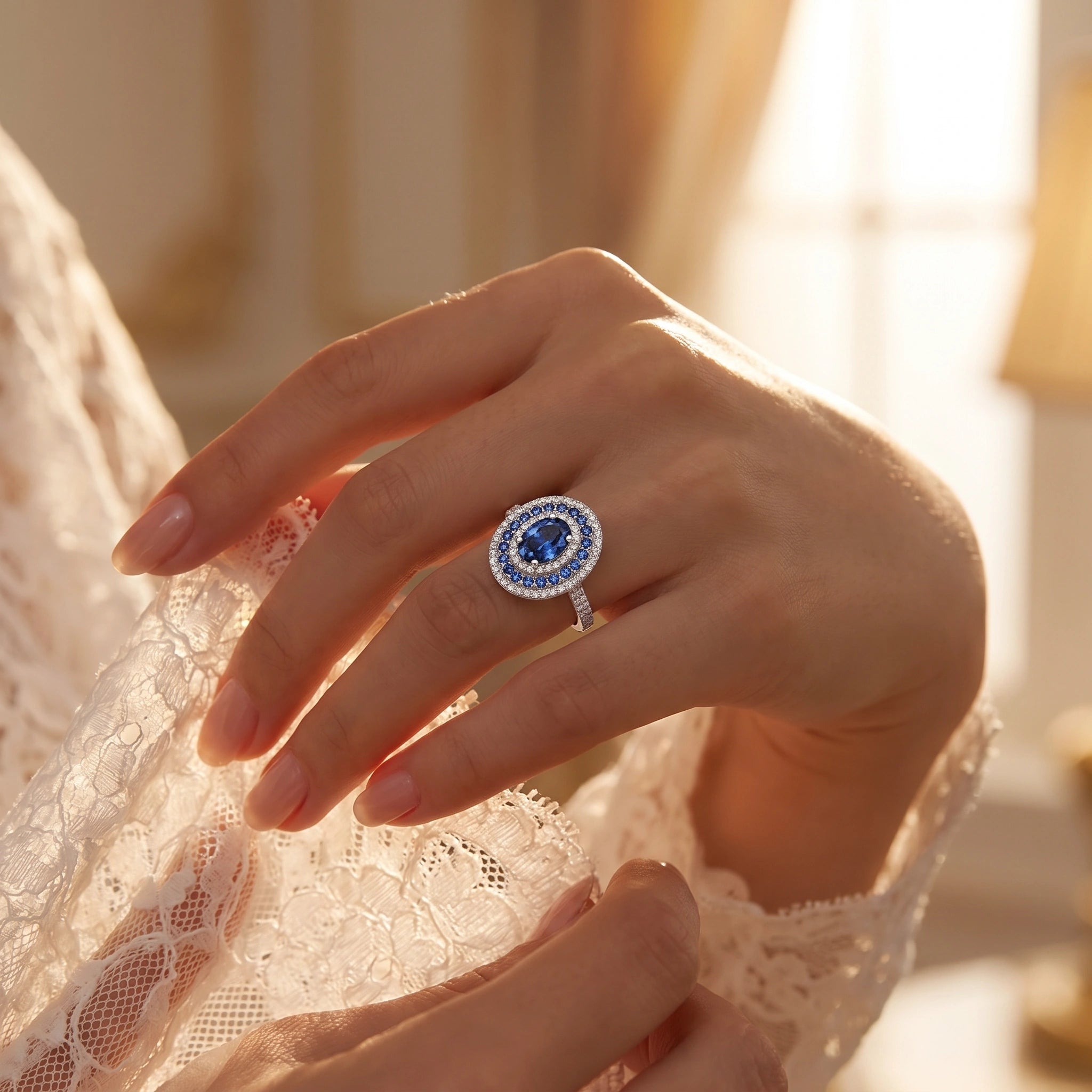Blue moissanite halo ring worn on hand, cinematic close-up
