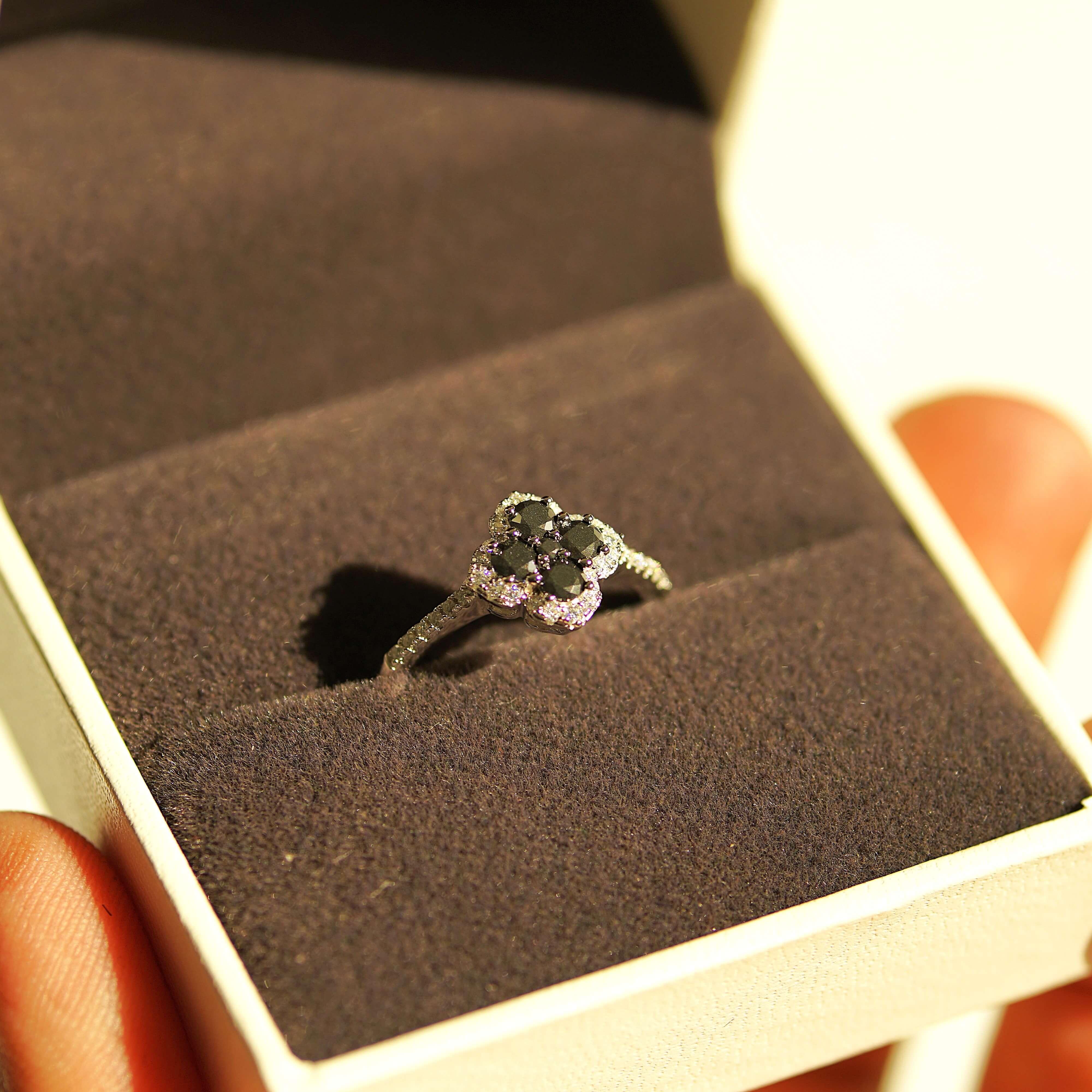 Elegant Clover Leaf Cocktail Ring with Pave Band - Black Moissanite Aura Diamonds