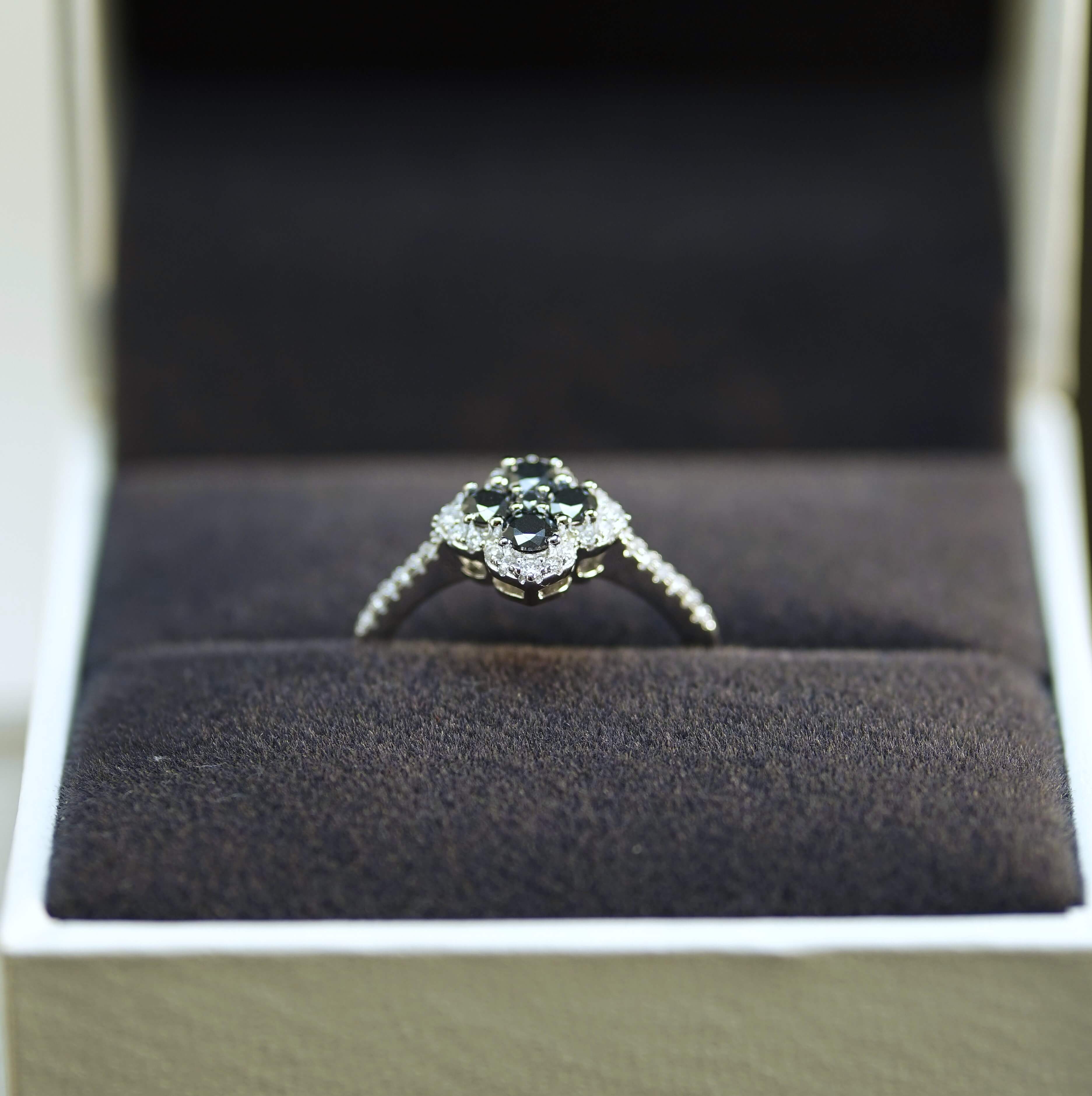 Elegant Clover Leaf Cocktail Ring with Pave Band - Black Moissanite Aura Diamonds