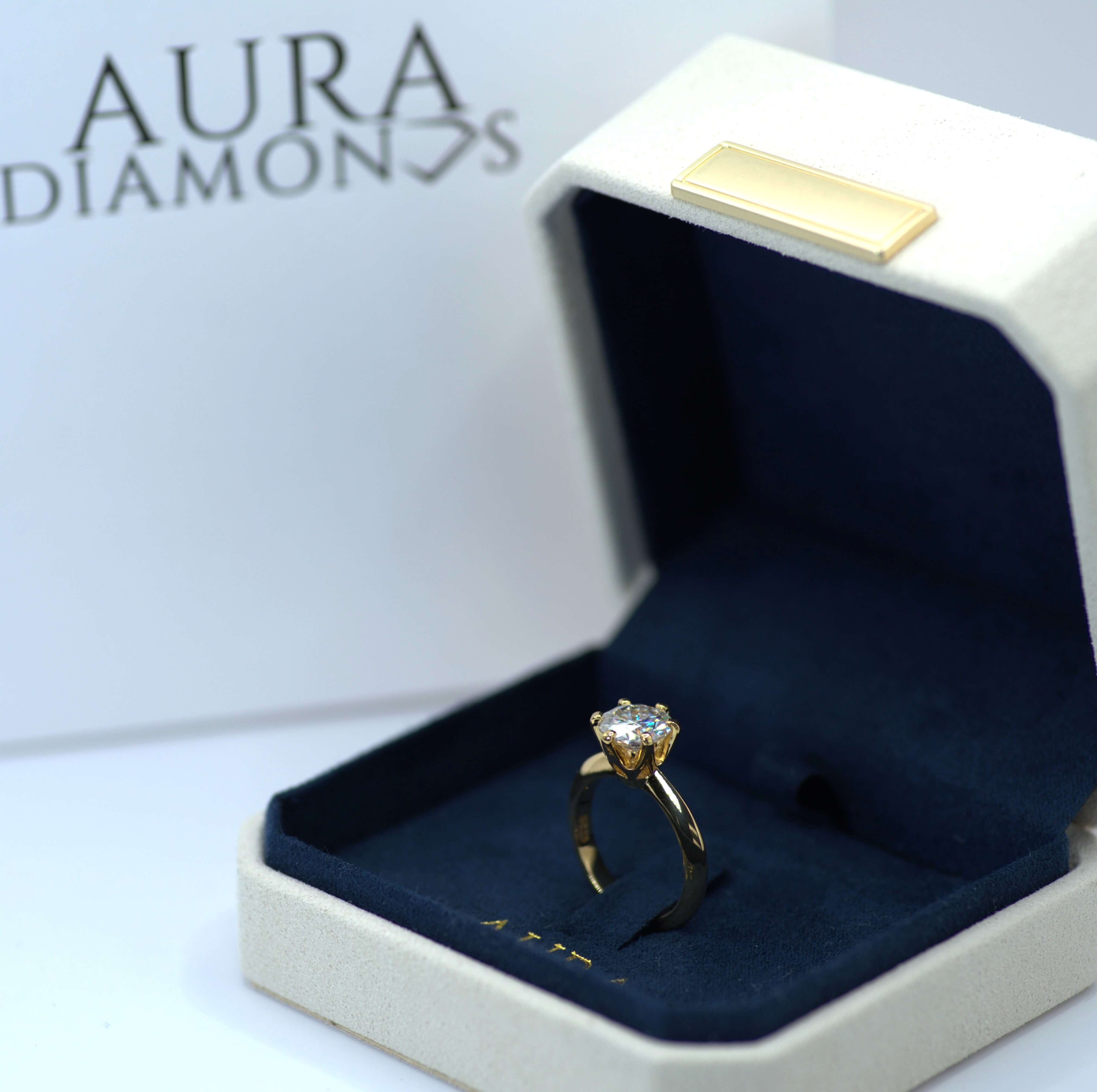 Aura Classic Solitaire Ring - 2 Carat or 3 Carat Round Brilliant Cut - Gold Vermeil Aura Diamonds