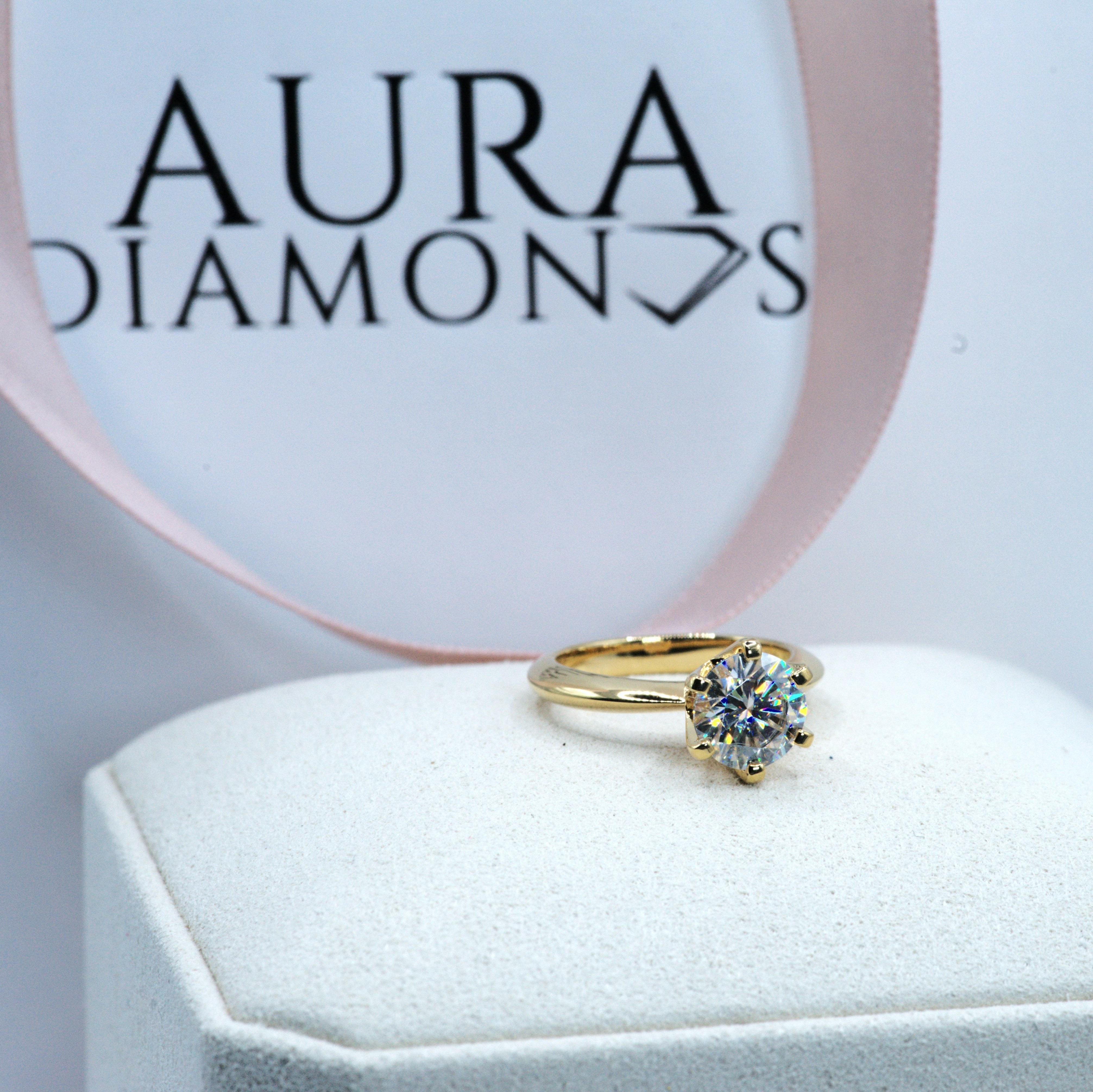 Aura Classic Solitaire Ring - 2 Carat or 3 Carat Round Brilliant Cut - Gold Vermeil Aura Diamonds