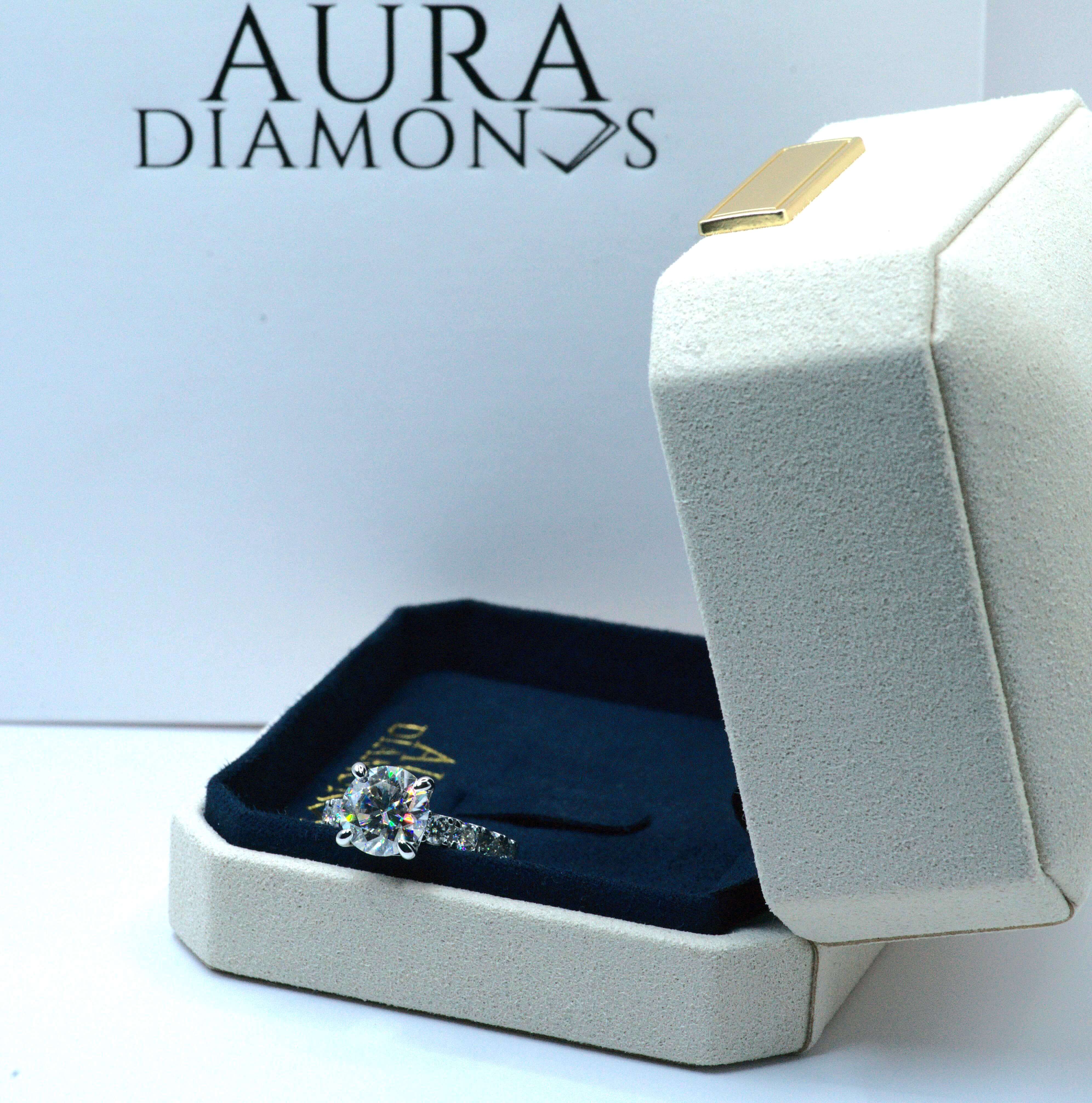 Luxury 4.3 Carat Round-Cut Solitaire Moissanite Ring with Accent Pave Stones Aura Diamonds