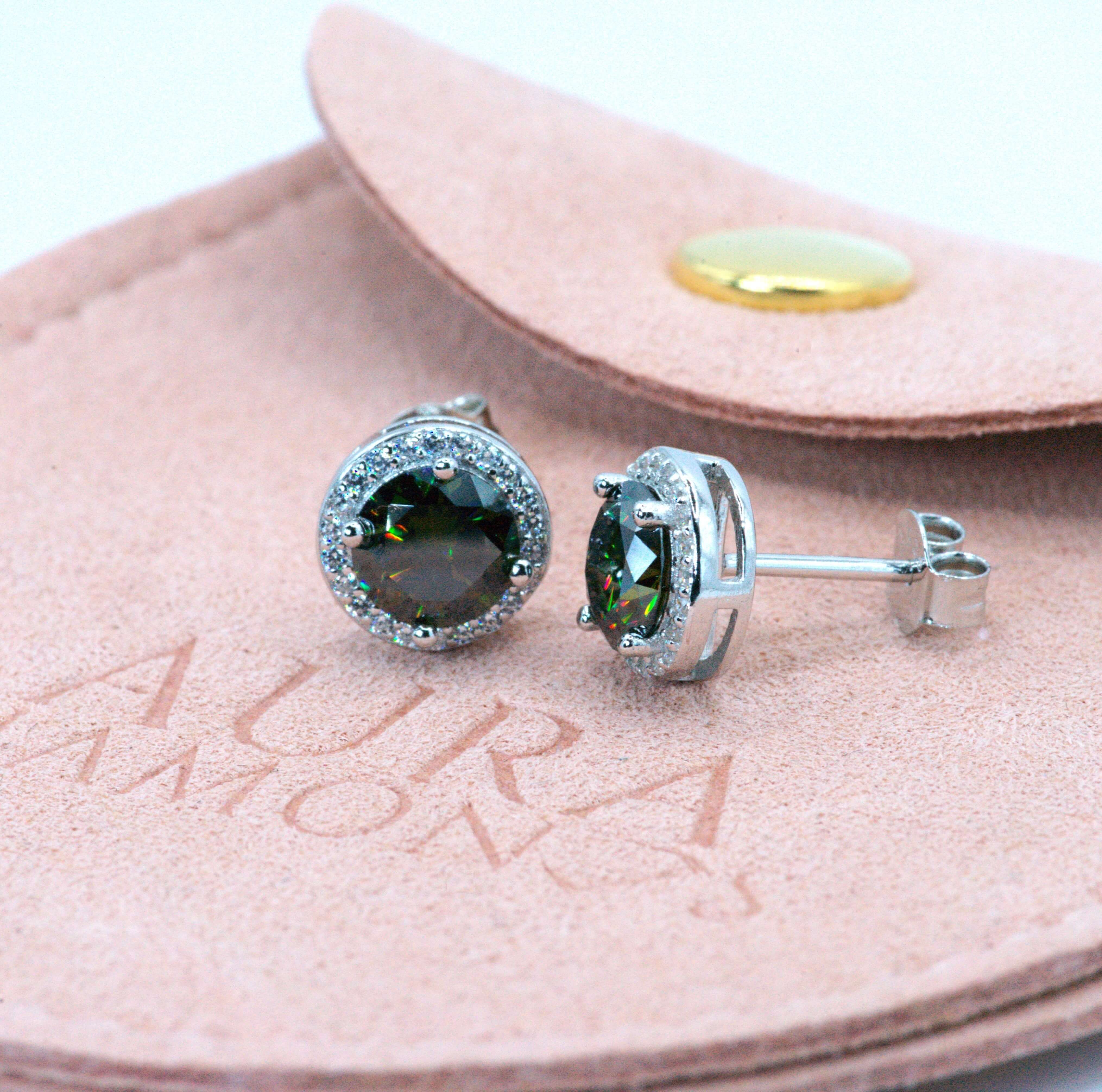 Elegant Natalie Halo Stud Earrings - 2 Carat Moissanite (Dark Green) - 2 x 1CT Each Aura Diamonds