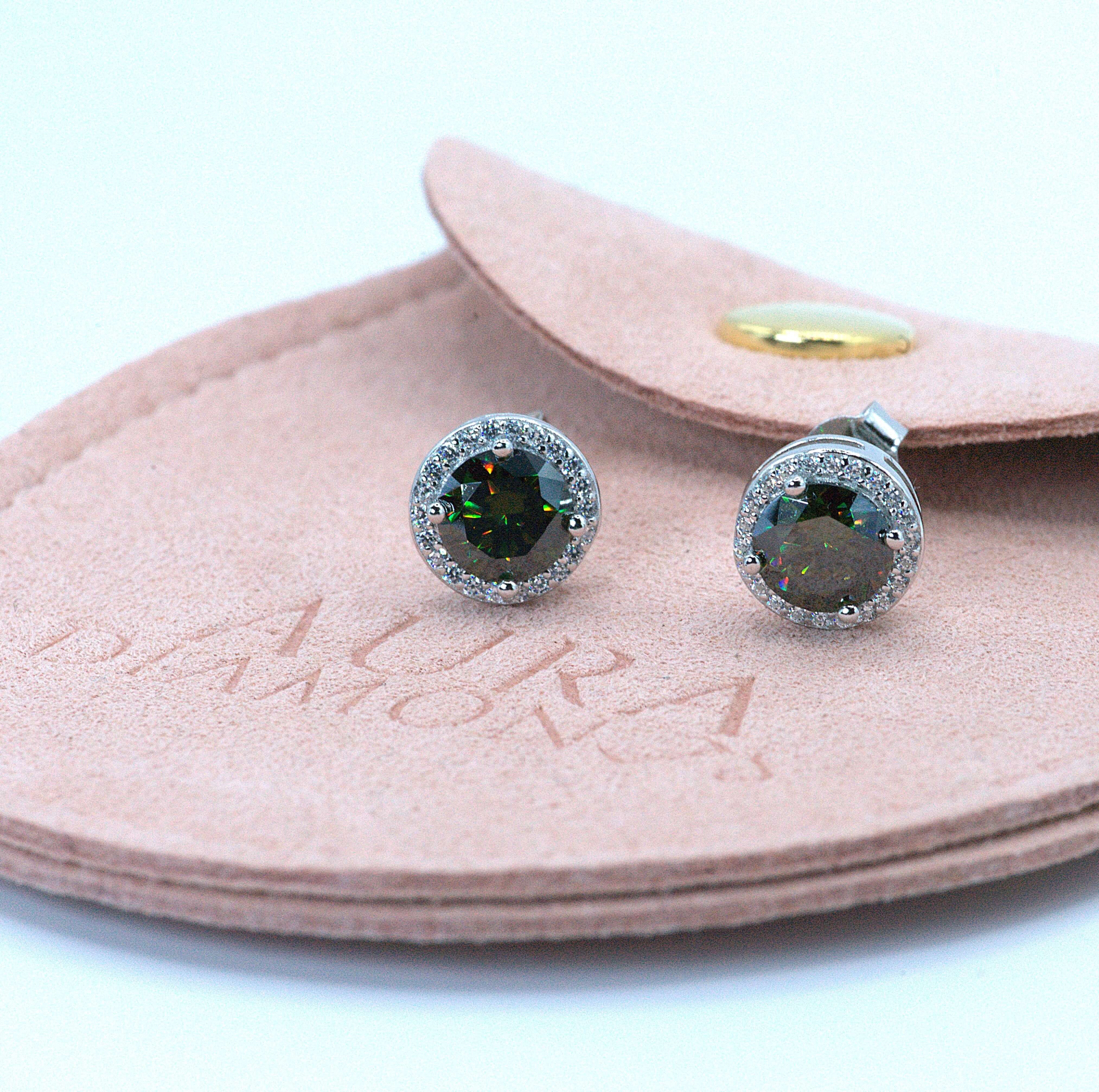 Elegant Natalie Halo Stud Earrings - 2 Carat Moissanite (Dark Green) - 2 x 1CT Each Aura Diamonds