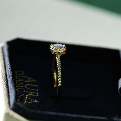 Luxury Elena Solitaire with Hidden Halo & Pave Band - Gold Vermeil - Moissanite