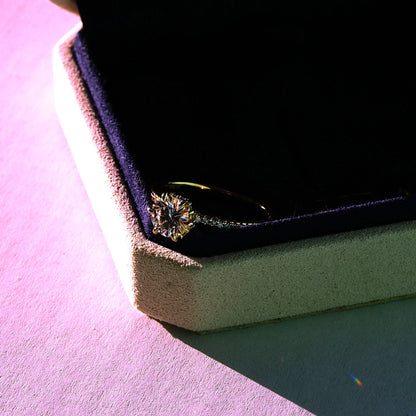 Luxury Elena Solitaire with Hidden Halo & Pave Band - Gold Vermeil - Moissanite