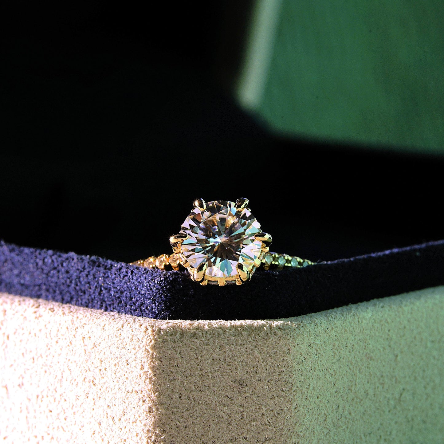 Luxury Elena Solitaire with Hidden Halo & Pave Band - Gold Vermeil - Moissanite