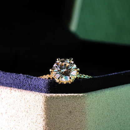 Luxury Elena Solitaire with Hidden Halo & Pave Band - Gold Vermeil - Moissanite