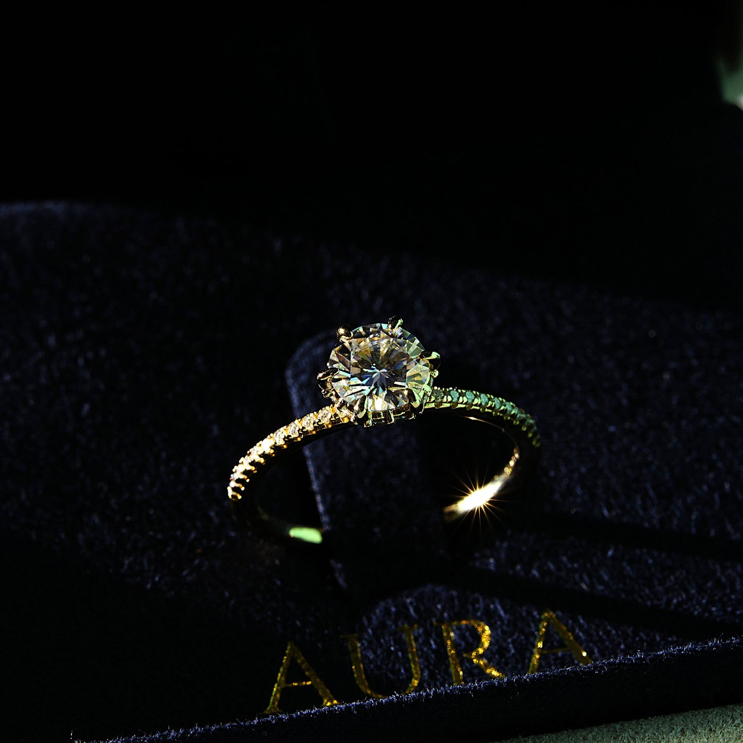Luxury Elena Solitaire with Hidden Halo & Pave Band - Gold Vermeil - Moissanite