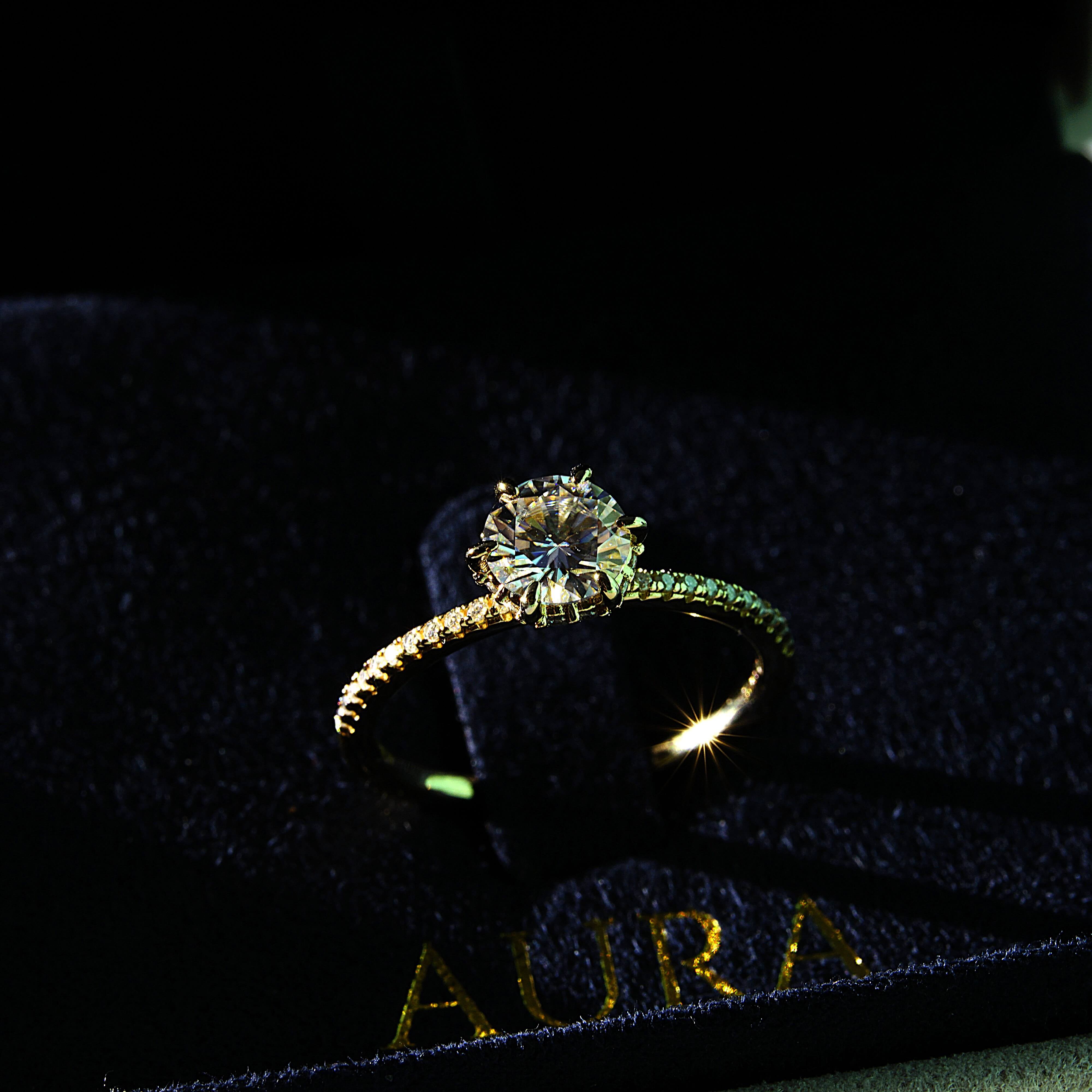 Luxury Elena Solitaire with Hidden Halo & Pave Band - Gold Vermeil - Moissanite Aura Diamonds