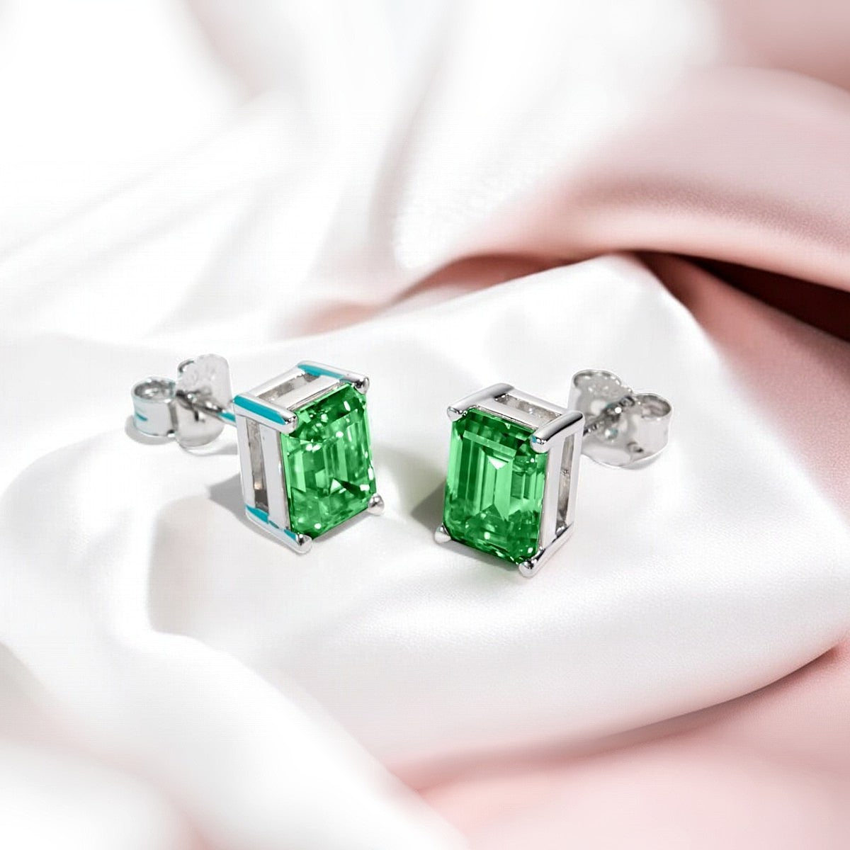 10K White Gold Colombian Emerald Cut Stud Earrings with Sterling Silver Setting | Green Emerald - Luxury Collection Aura Diamonds